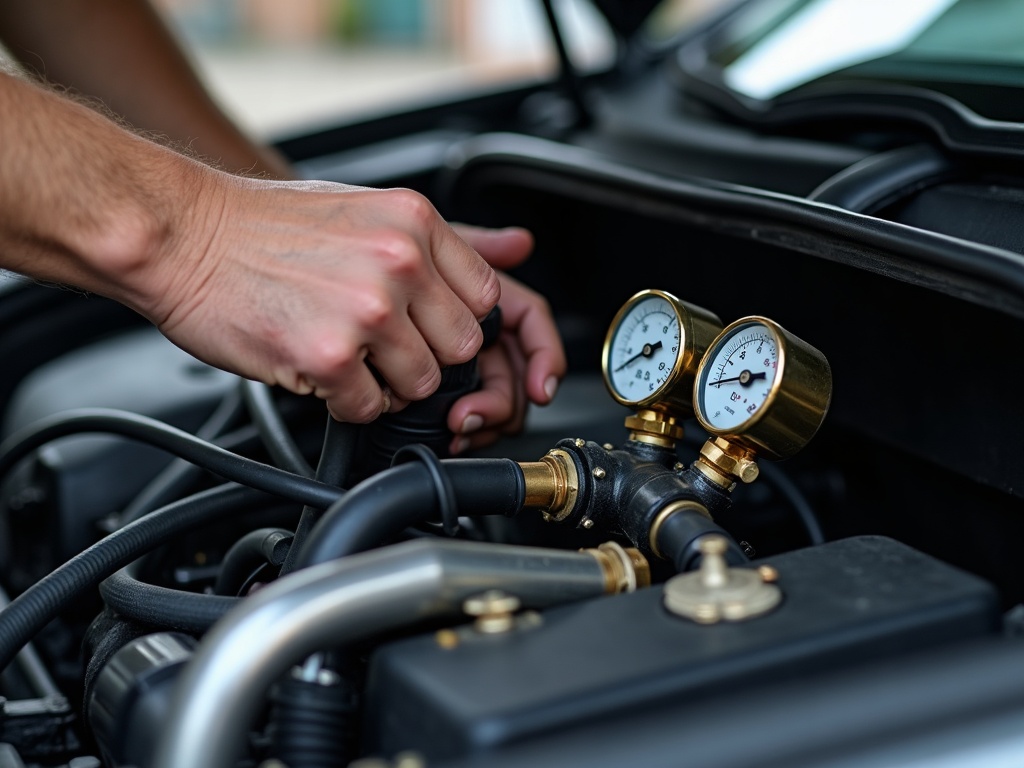 Air conditioning regas gauges connected in an engine bay