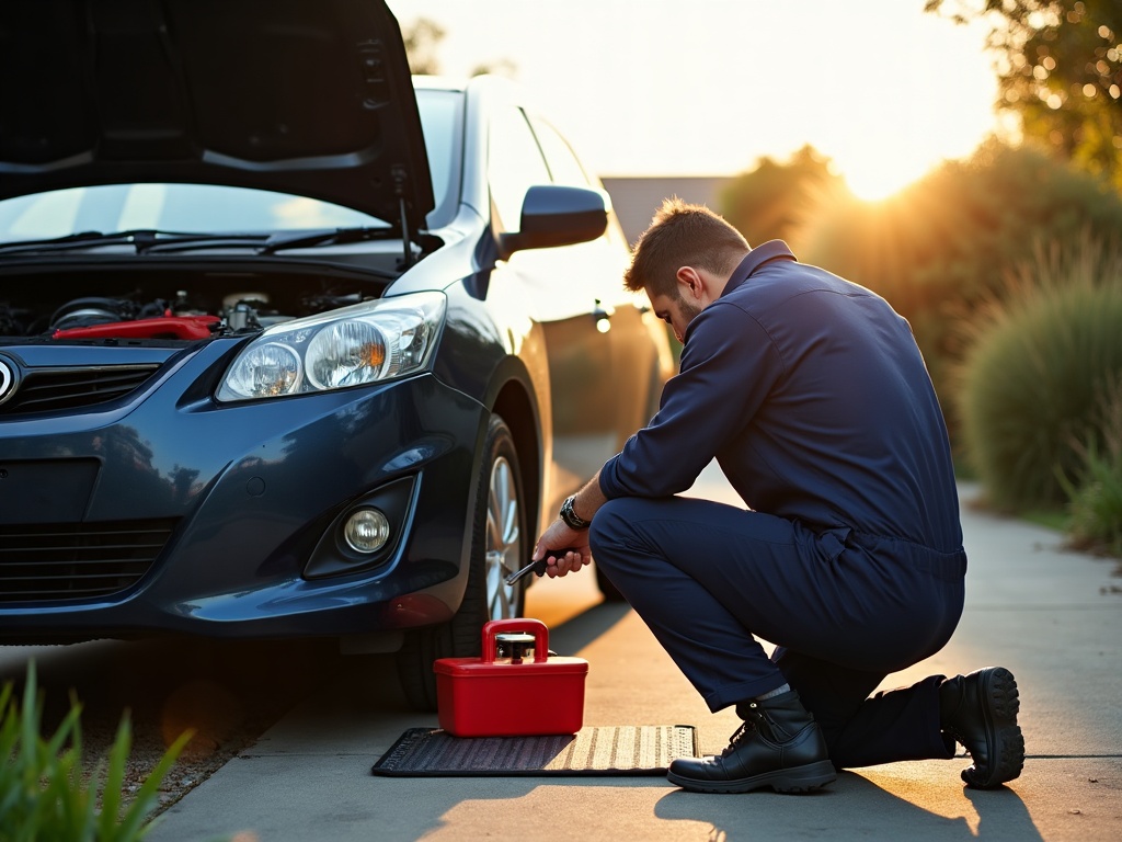 A mechanic working on a car in a suburban driveway