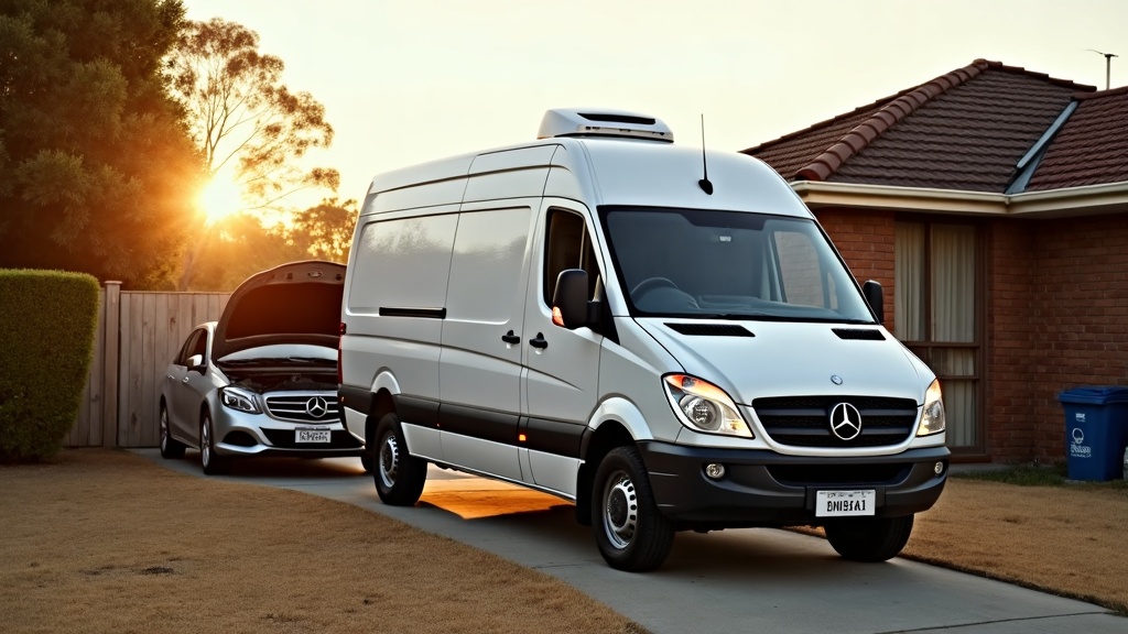 A mobile mechanic's van in a suburban driveway beside a car with the bonnet up